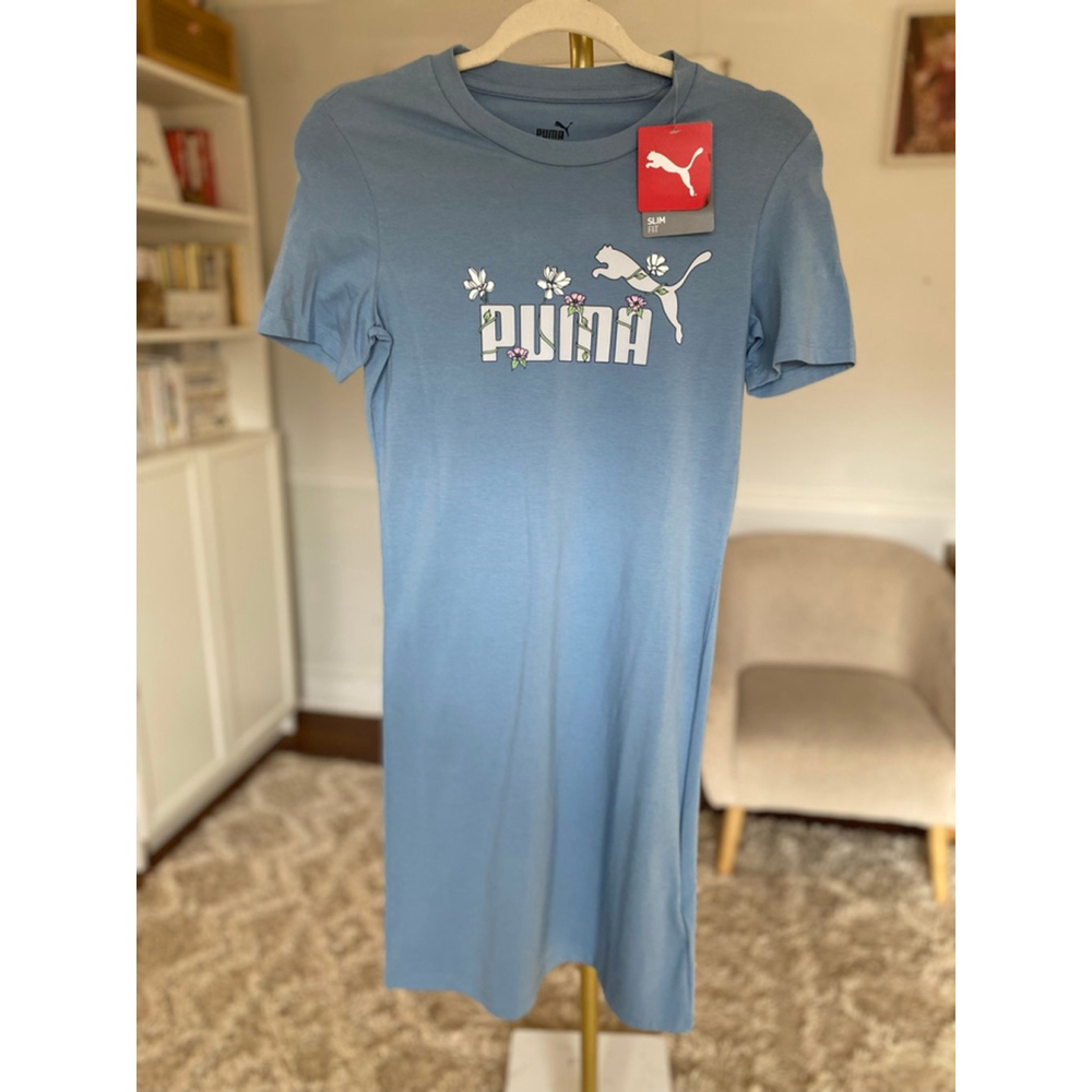 Puma Blue Floral Logo Knee Length T Shirt Dress Casual Sporty Summer Athleisure - Picture 2 of 7